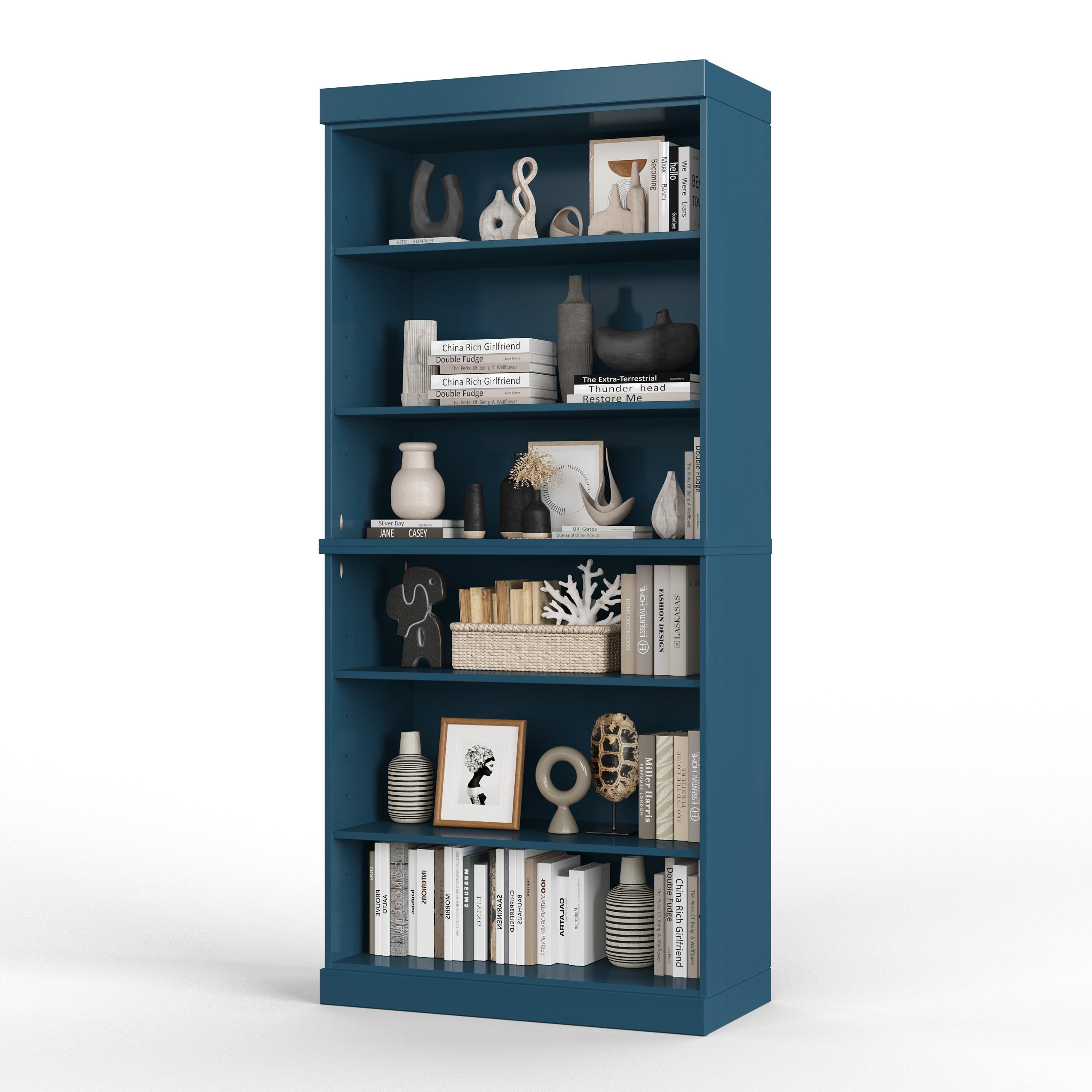 Solid Wood Bookcase - Stackable Modular 6 Tier Bookshelf - 71.5" Tall x 32" Wide - Teal Blue Book Shelf w/ Adjustable Shelves, Open Display Book Case for Living Room, Office, 100% Eco-Friendly Wood