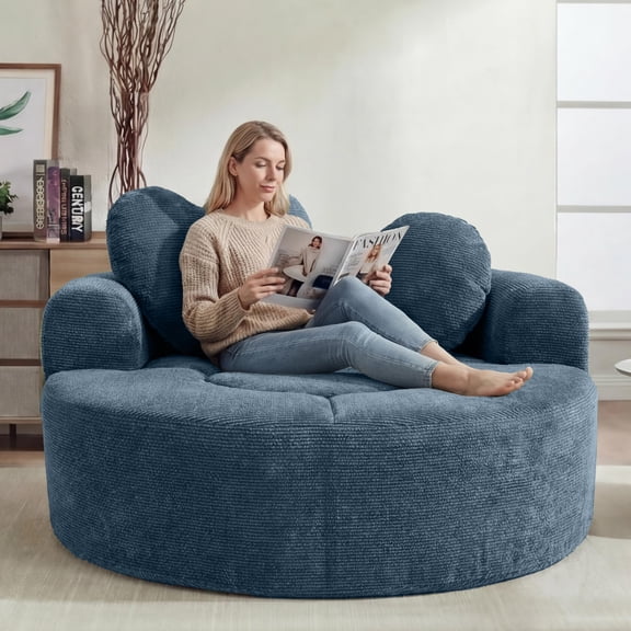 Blue Oversized Round Chaise Lounge Chair, 55.5 Corduroy Cloud Sofa,Blue
