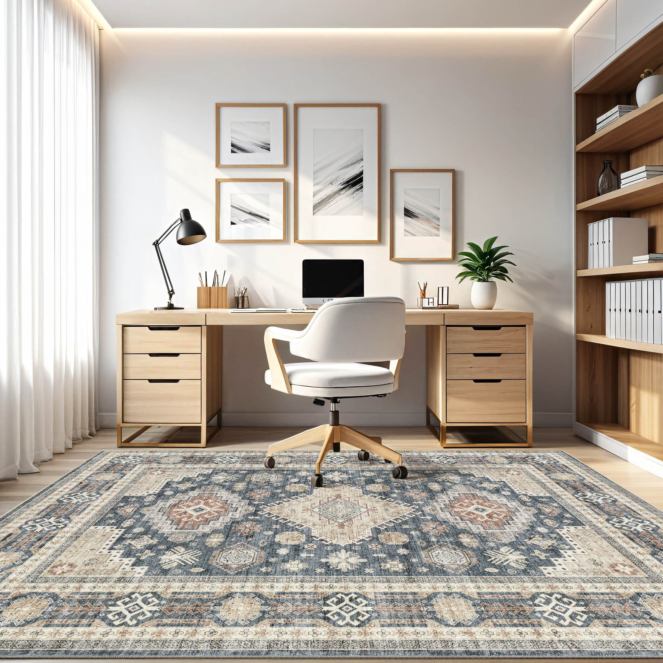 UERMEI 10'x14' Washable Area Rugs for Living Room, Modern and Vintage Non Slip Carpet, Low Pile Indoor Rug for Bedroom Home Decor Carpets, Blue Brown
