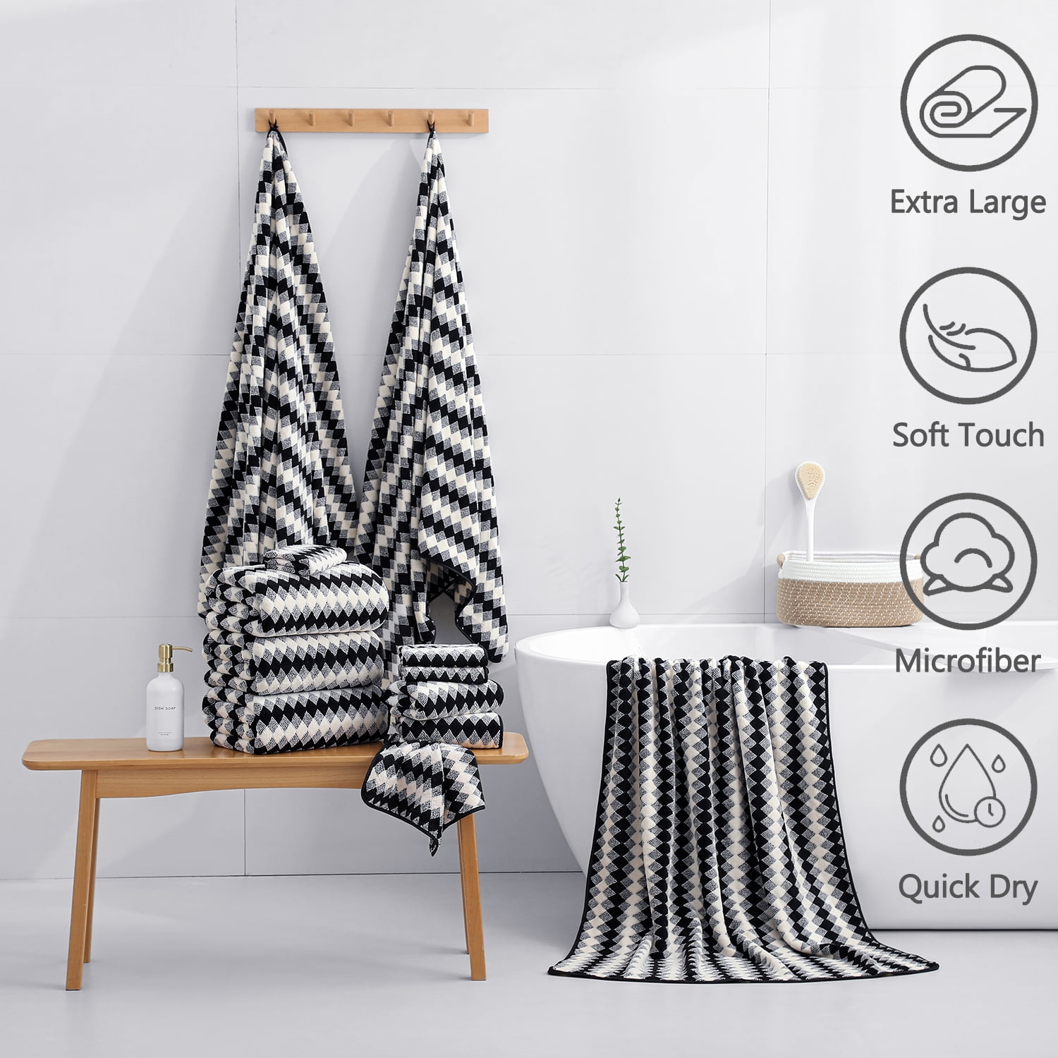 Beartech 8 Piece Microfiber Bath Towel Set 2 Oversized Bath Sheet,2 Hand Towels and 4 Washcloths| Ultra Soft & Less lint,Highly Absorbent Quick Dry Shower Towel For Bath Hotel-Black