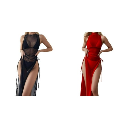 2-Pack Women Bikini Draped Front Drawstring Knot Mesh Cover Up Without Lingerie Hight Split Fork Dress Beach Wrap Bikini Shiny Wraps Cover Ups For Swimwear Bathing Suit Cover up Dress Swimsuit Beach