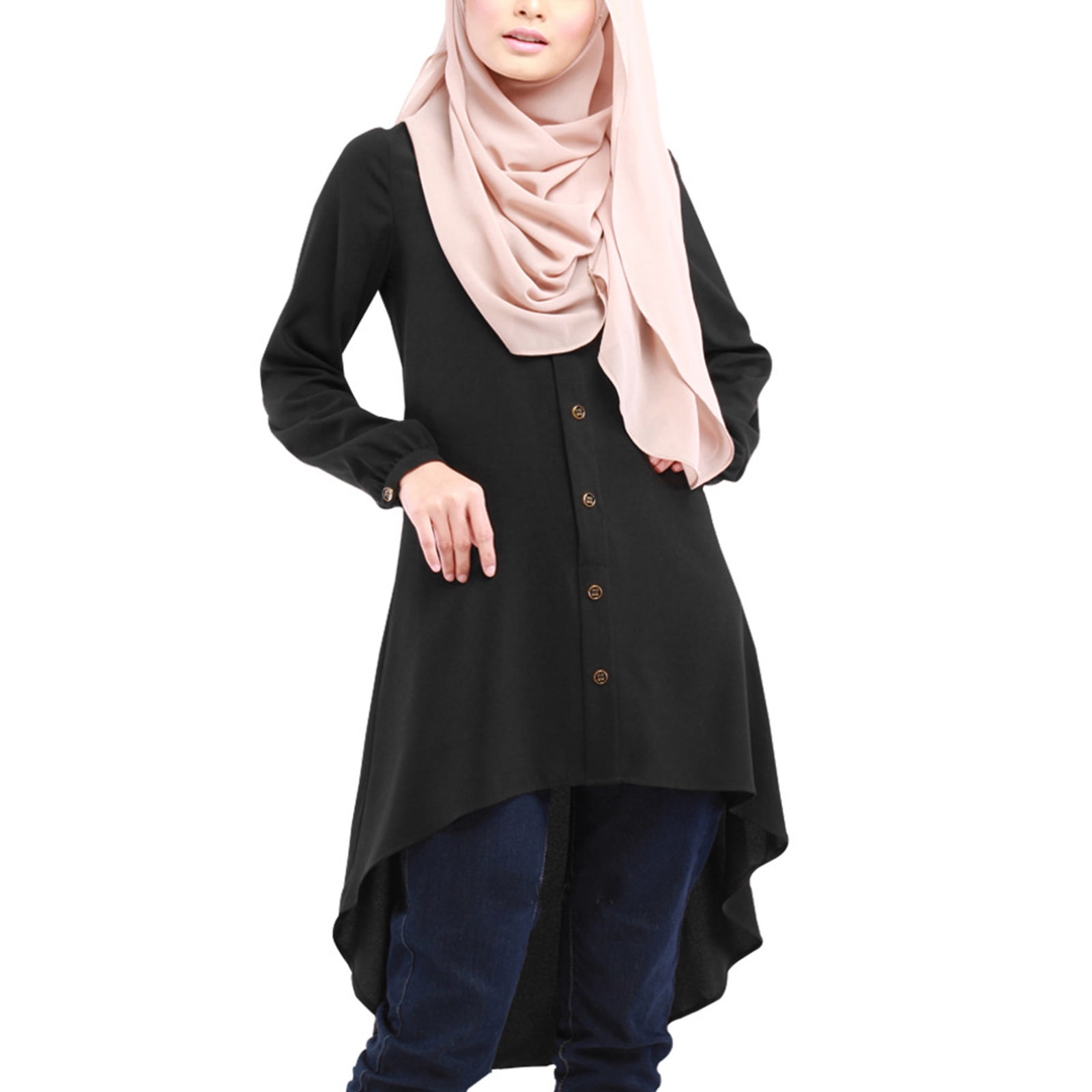 Women Muslim Long Sleeve Blouse Dress Buttons Asymmetric Solid Color Shirt  Oversized Loose Islamic Tunic Tops Arab Abaya - Walmart.com