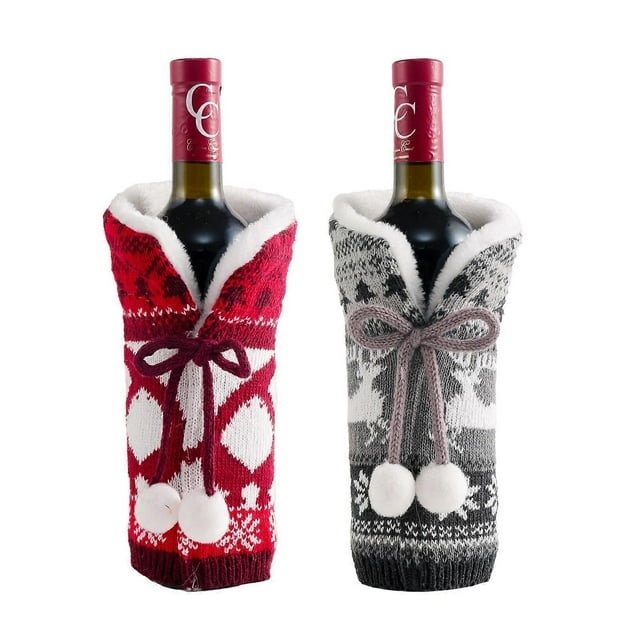 2PC Yarn ball knitted red wine set Christmas decoration atmosphere supplies home holiday wine bottle set