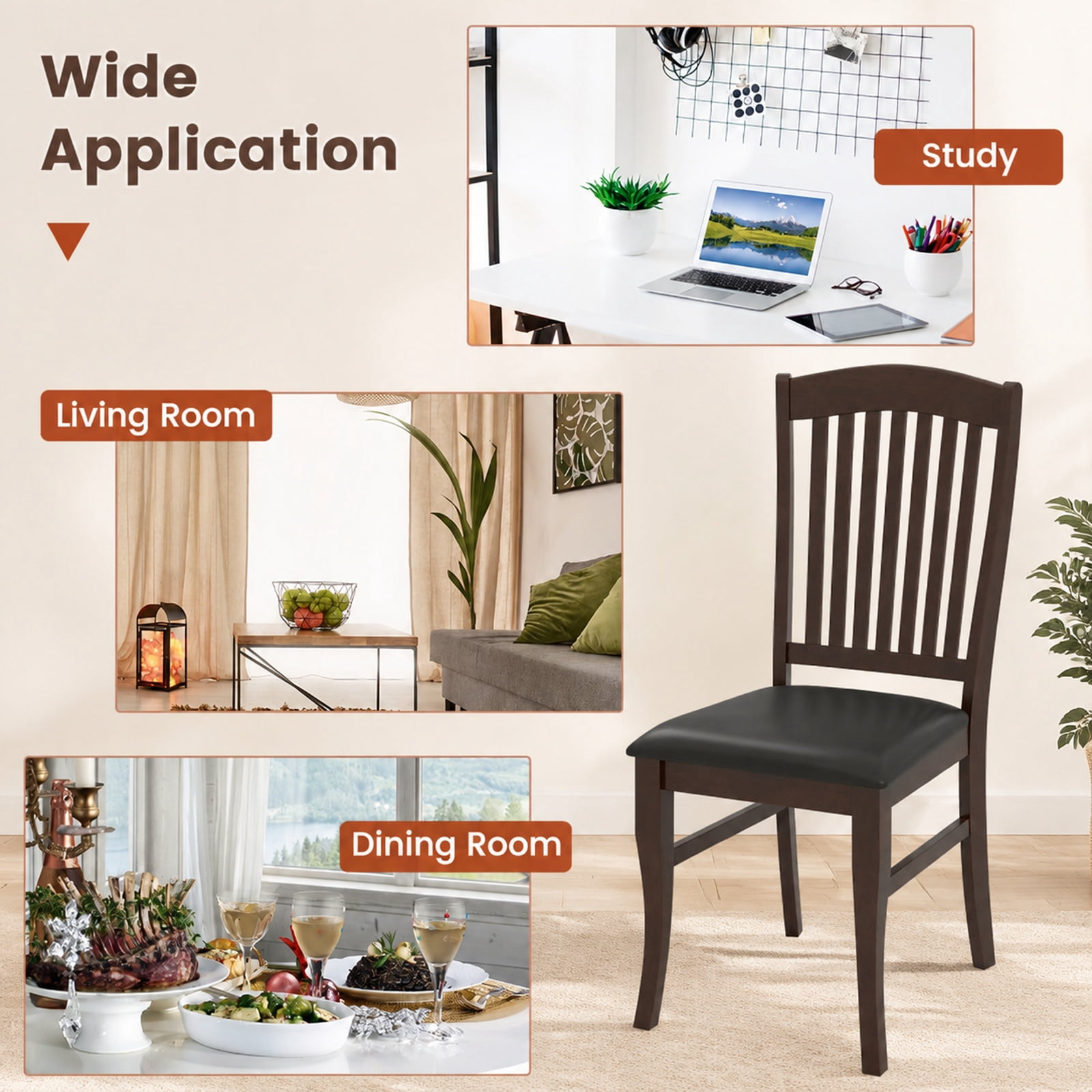Furnibear Mid Century Dining Chairs Set of 2 Armless Kitchen Side Chairs with Solid Rubber Wood Frame and Curved Legs, Coffee