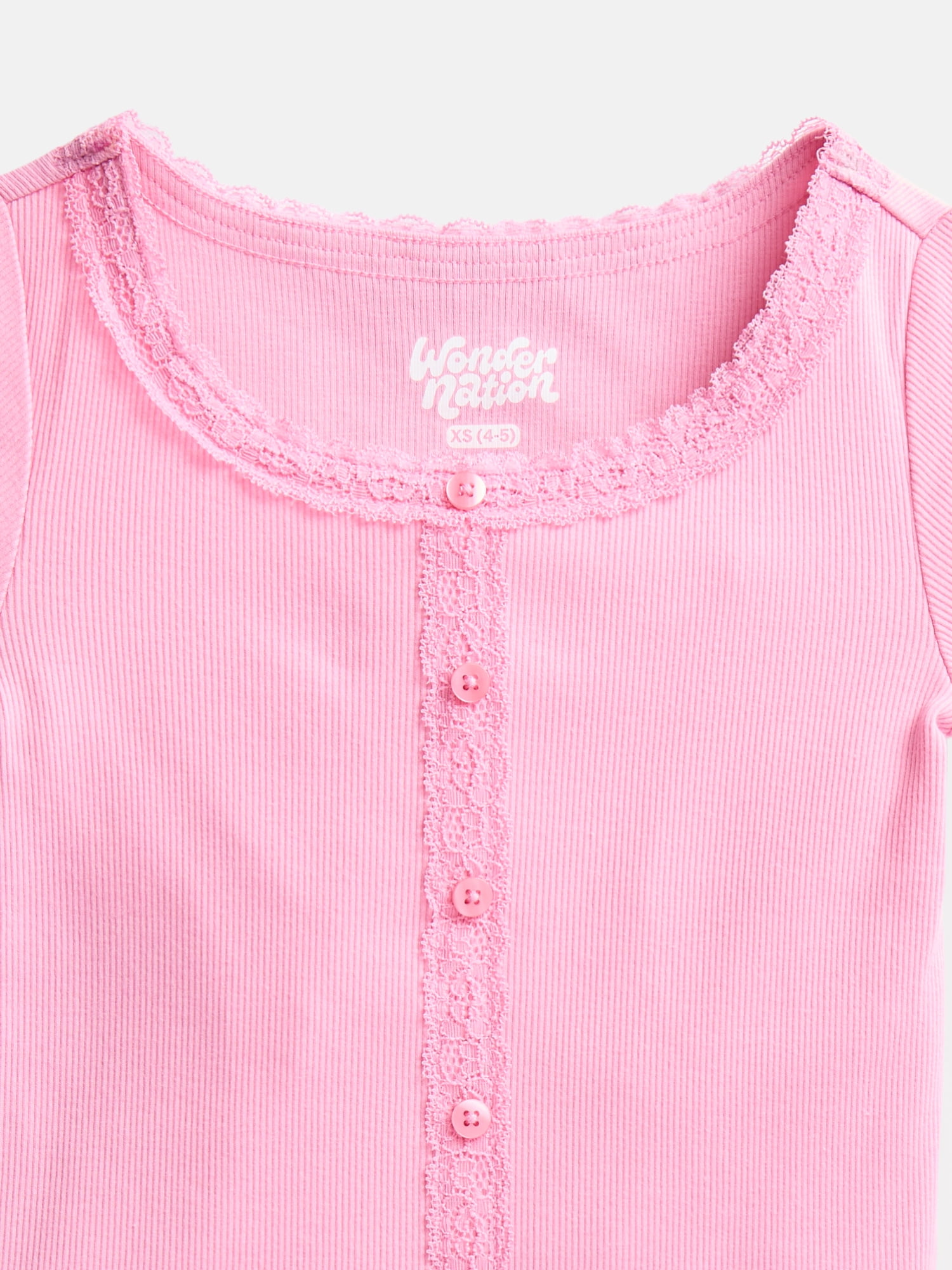 Wonder Nation Girls' Lace and Button Front Top with Short Sleeves, Sizes 4-18 & Plus