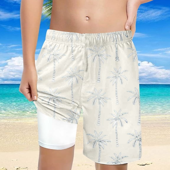 FASHOFT Boys Swim Trunks with Boxer Brief Liner Compression Boy Bathing Suit Quick Dry Beach Swimsuit Swim Shorts Beige