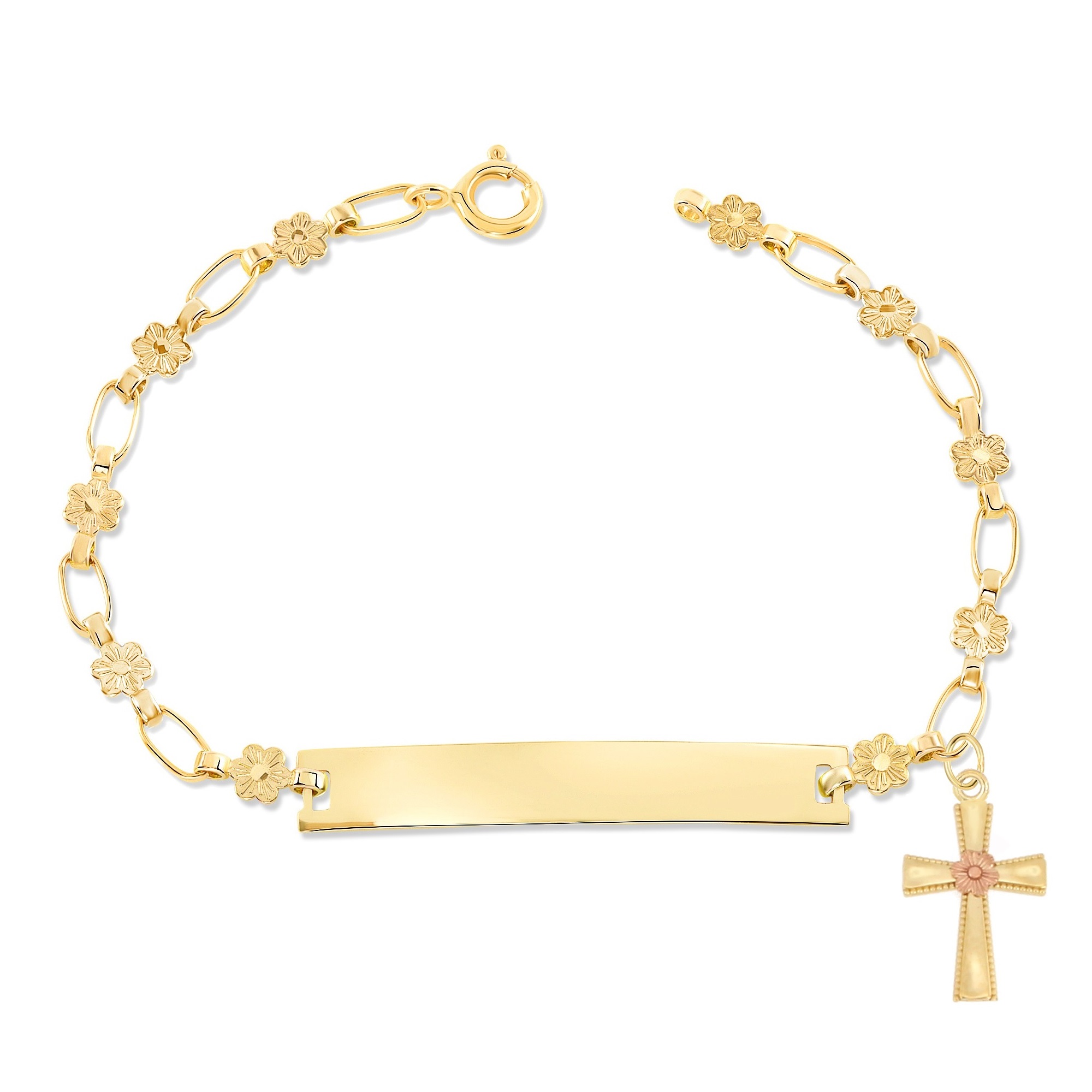 Retro Link© Kids 14K Gold-Plated, Daisy Cross Charm Bracelet, Flower Engravable ID, 5.5"-6"
