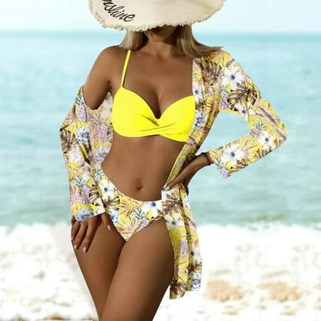 Ladies Bikini Set Scarf Blouse Sexy Three-piece Swimsuit High waist Swimwear Floral Beachwear(S+yellow)
