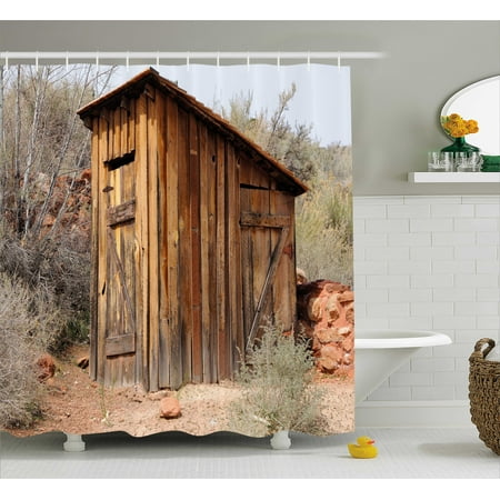 Country Bathroom Sets Outhouse Shower Curtain, Old Wooden Shed in the Outback Country Side with Olive Trees, Fabric Bathroom Set with Hooks, Caramel Brown and Dark Green, by Ambesonne ()