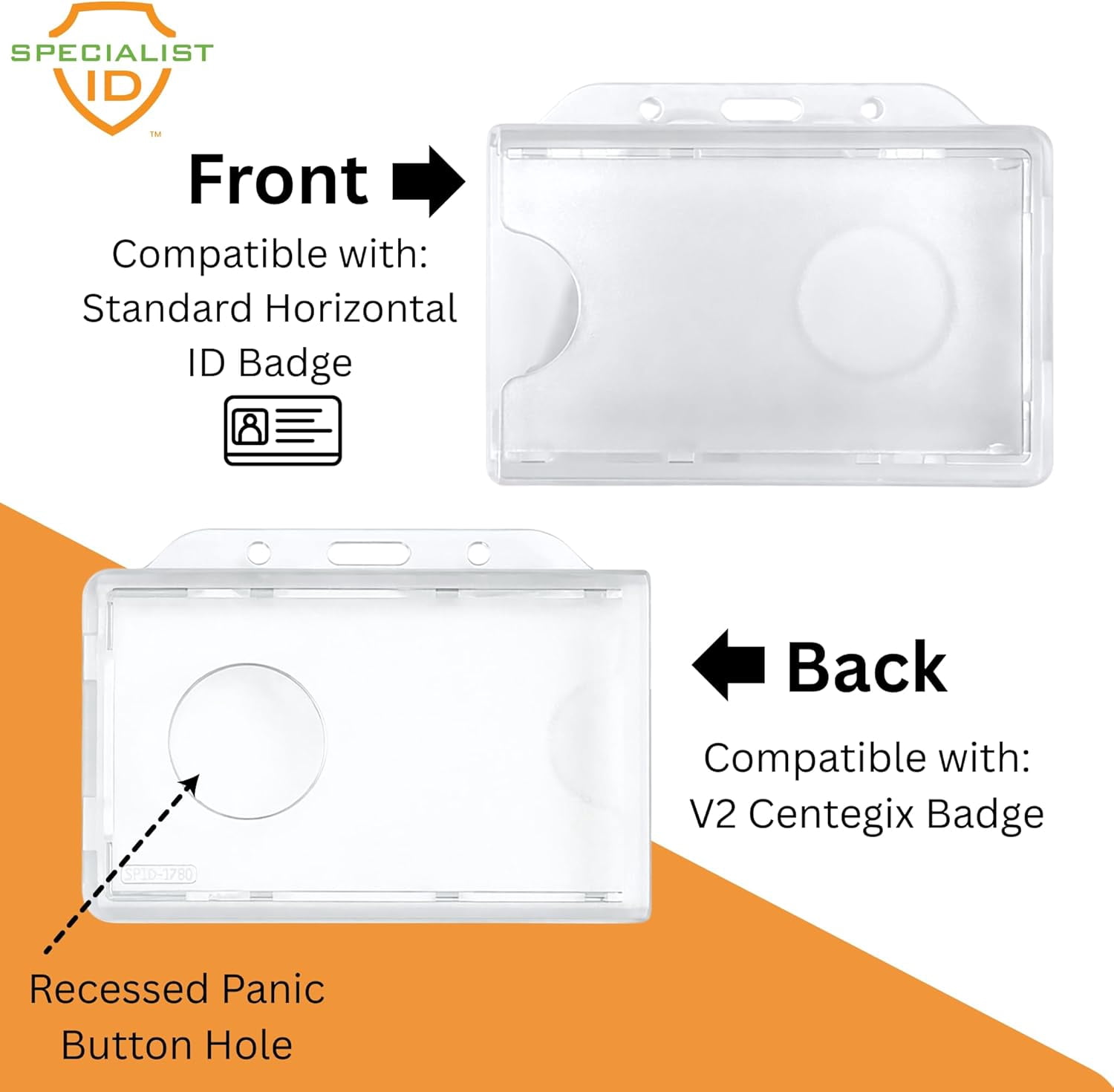 Bulk 20 Pack - Horizontal Centegix Badge Holder for Nurses & Staff - Holds 1 Landscape ID & 1 Centegix V2 CrisisAlert Alarm Badge - Heavy Duty Clear Horizontal Display with Recessed Button Access