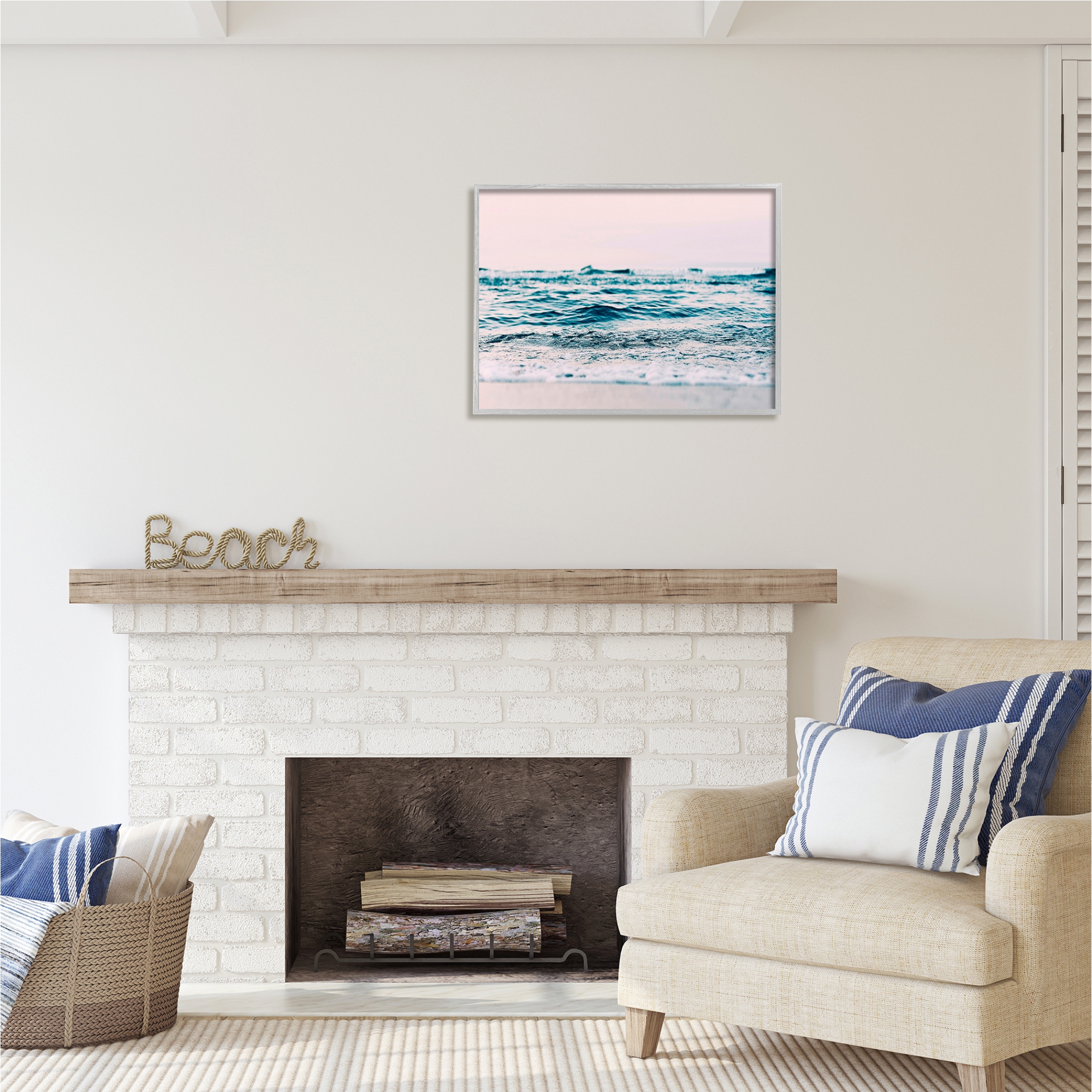 Stupell Industries Pink Sunrise Sea Waves Nature Photography Gray Framed Art Print Wall Art, 30 x 24