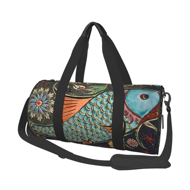 Fotbe Rich Fish Pattern Foldable Sports Gym Bag with Wet Dry Pocket, Travel Bag, Large Capacity Duffel Bag, Splash Proof Carry on Bag, Overnight Bag, Weekender Bag
