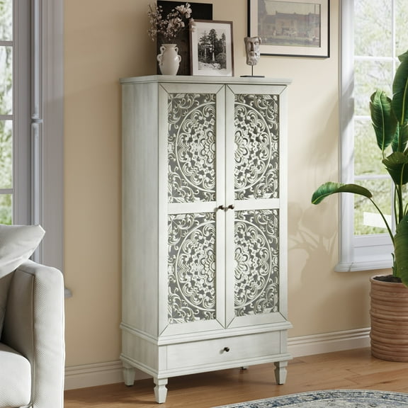 Noble house Rustic Tall Storage Cabinet with Drawer, Carved 2-Door Cabinet with Solid Wood Legs,Antique White