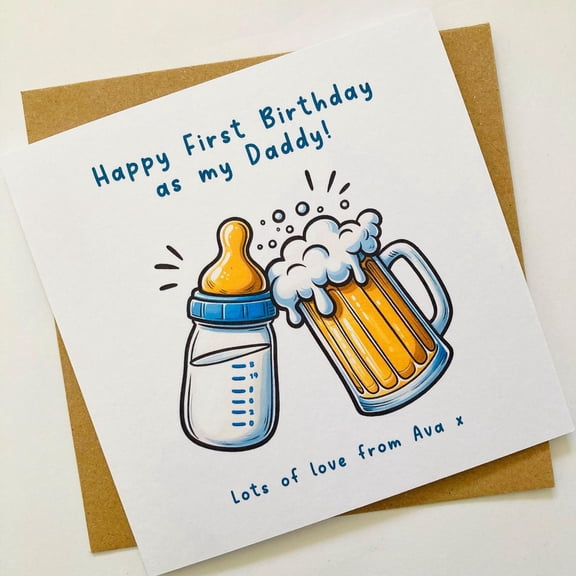 Happy First Birthday Daddy Card – Unique Design Featuring Baby Bottle and Beer Mug – Perfect Greeting for New Dads – Includes Envelope