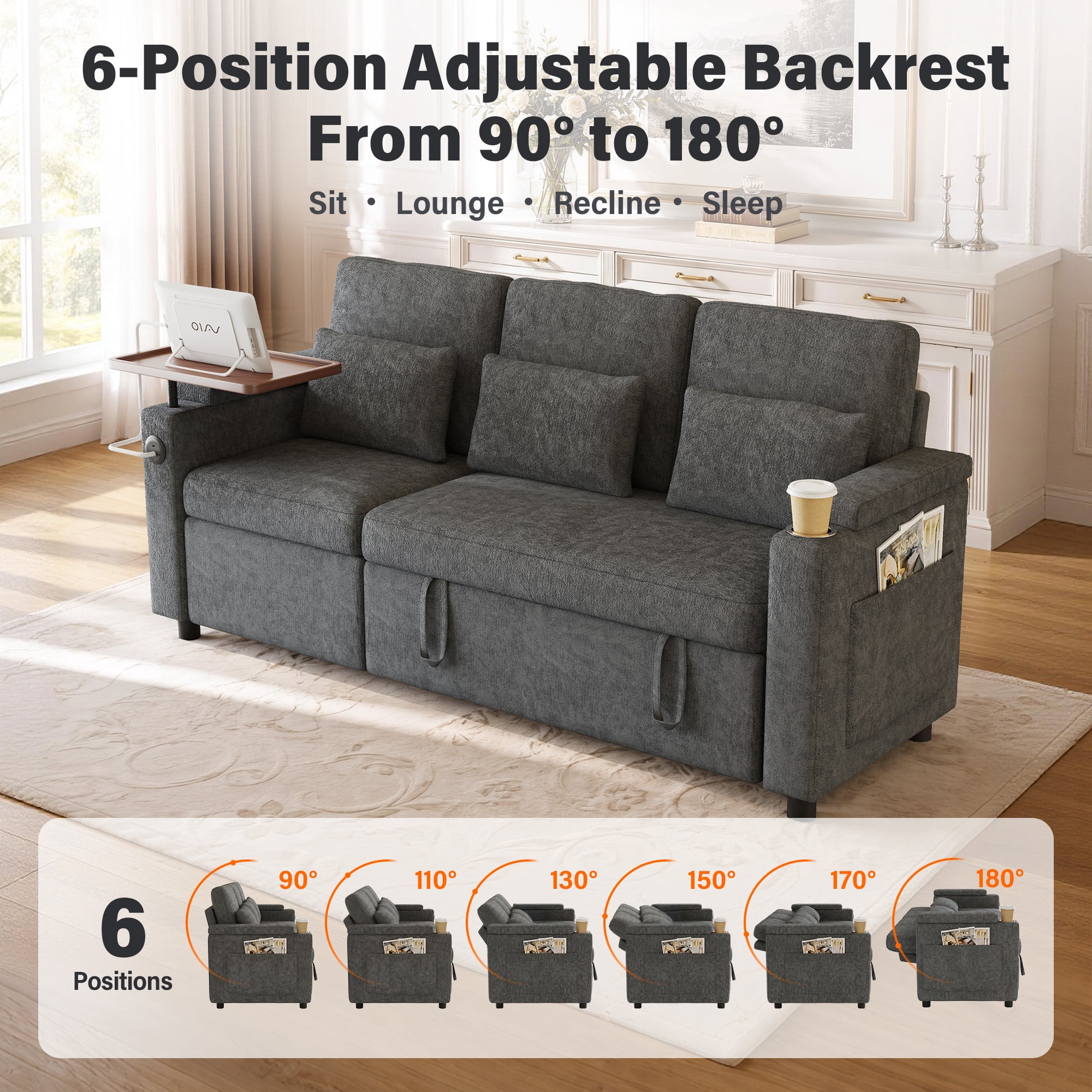 Aukfa 81" Convertible Sleeper Sofa,Chenille 3-in-1 Sofa Bed with Recliner,Center Table,USB Ports & Storage Armrests,Gray