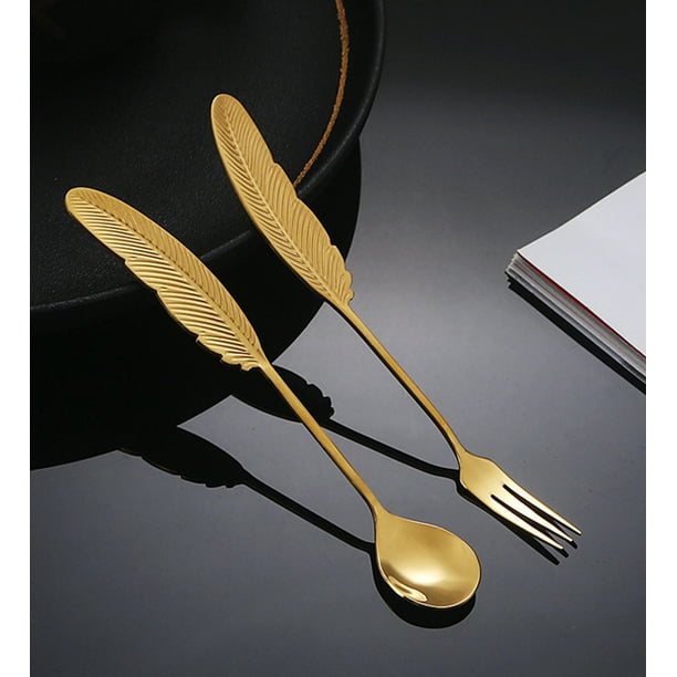 Cucharas de sopa Cuchara y tenedor de pluma de acero inoxidable Tenedor de fruta para el hogar Cuchara de café Postre Juego de cuchara y tenedor de acero inoxidable 304 (2 piezas) Cuchara y tenedor
