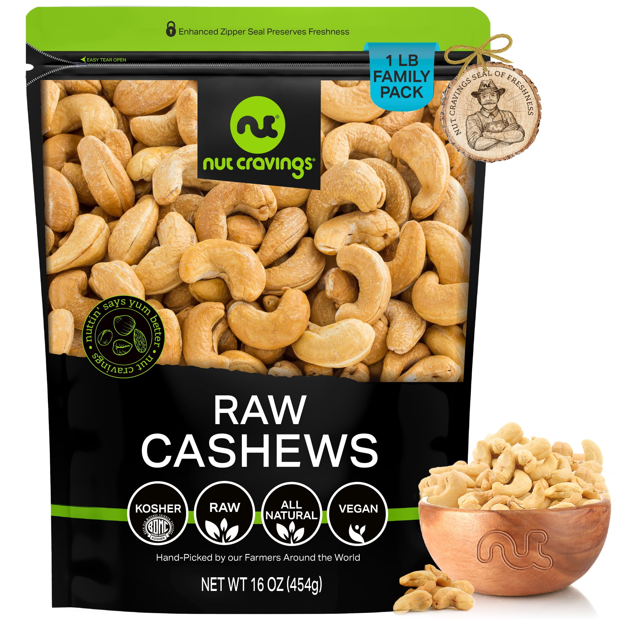 Raw Whole Cashews, Unsalted, Shelled, (16oz - 1 LB) Bulk Cashew Fresh Nuts by Nut Cravings