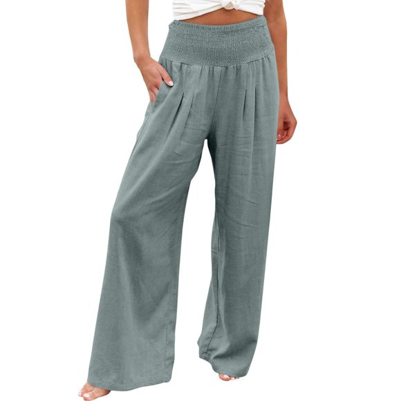 Palazzo Pants for Women Cotton Linen Casual High Waist Solid Color Comfy Lounge Pants Ladies Trendy Wide Leg Pants