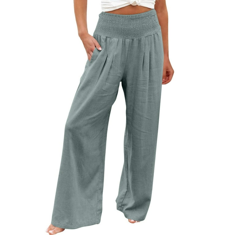 QLEICOM Women's Stretchy Wide Leg Pants Summer High Waisted Cotton Linen  Palazzo Pants Wide Leg Long Lounge Pant Trousers with Pocket Blue XXL, US  Size 12 