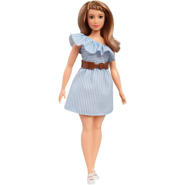 Barbie Fashionistas Doll, Curvy with Pinstripe One-Shoulder Dress ...