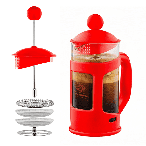 OVENTE 12 oz French Press Coffee Maker, 4-Level Stainless Steel Filter, Borosilicate Glass, Dishwasher Safe, Hot & Cold Brew, Portable for Travel & Camping, Red, FPT12R