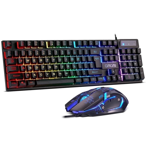 CHONCOW Gaming Keyboard and Mouse Combo, Rainbow LED Backlit Mechanical Feel Keyboard with 3600 DPI Mouse for PC/Xbox/PS5, Black