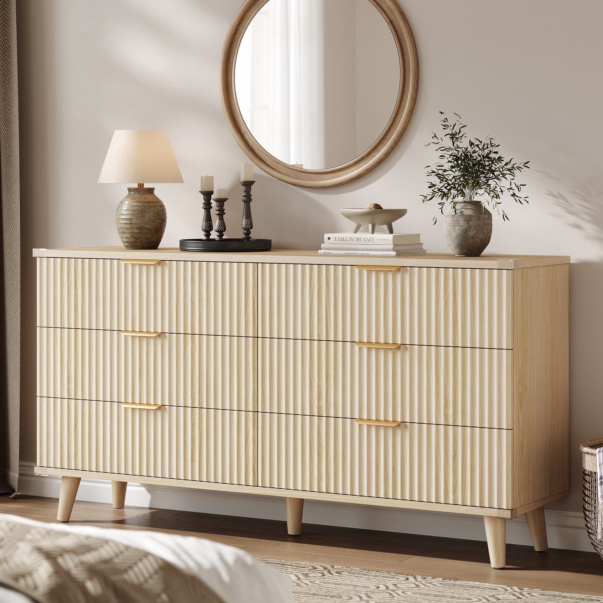 Laintene 6 Drawer Dresser for Bedroom, 53" Wide Dressers & Chest of Drawers, Boho Fluted Dresser with Wave Panel Design, Modern Storage Dressers Organizer for Living Room, Natural