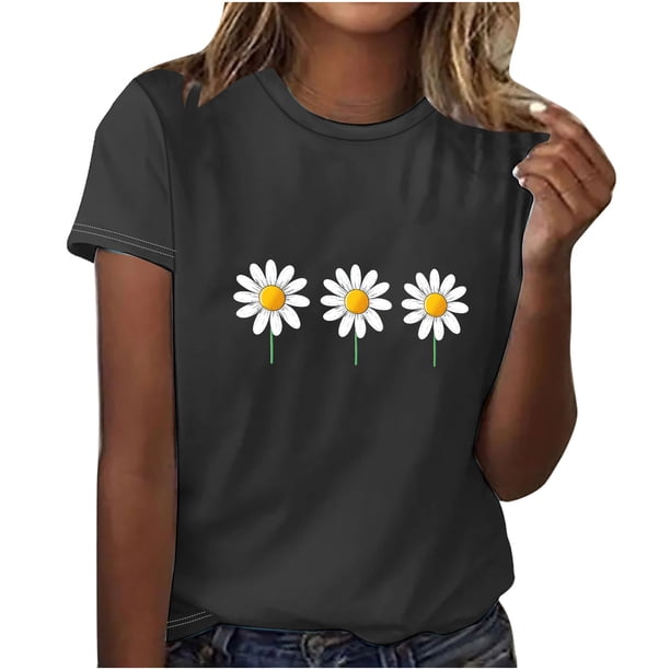 Tops de Manga Corta de Algodón para Mujeres, Moda Impresa Cuello Redondo Blusa Casual para el Hogar Y el Uso Diario