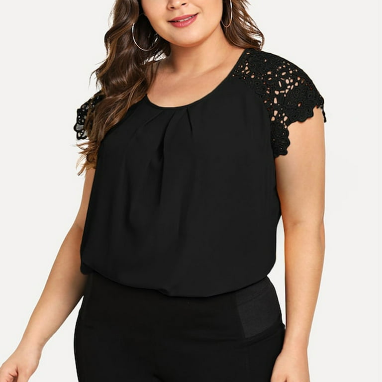 Puntoco Clearance Plus Size Tops Plus Size Solid Floral Lace Shoulder T Shirt Tops Blouse Special offers Black 18 XXXL