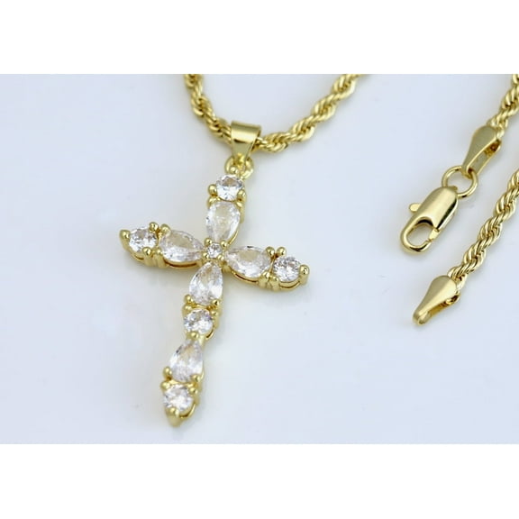 14k Bonded Gold Necklace with Bling Cross Pendent, Best Christmas Unisex Gift for Women, Men Mother, Father, Girlfriend, Boyfriend, Her, Him, Rope Chain with Charm by Artisan Jeweler