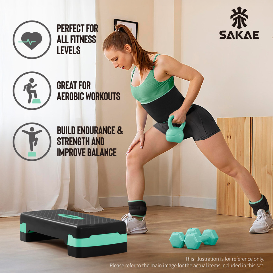 SAKAE Green Step Aerobics Platform Set with Kettlebell & Measuring Tape, Aerobic Steppers for Exercise at Home, Adjustable Height 2 Level Risers Workout Step Trainer with Non-Slip Surface