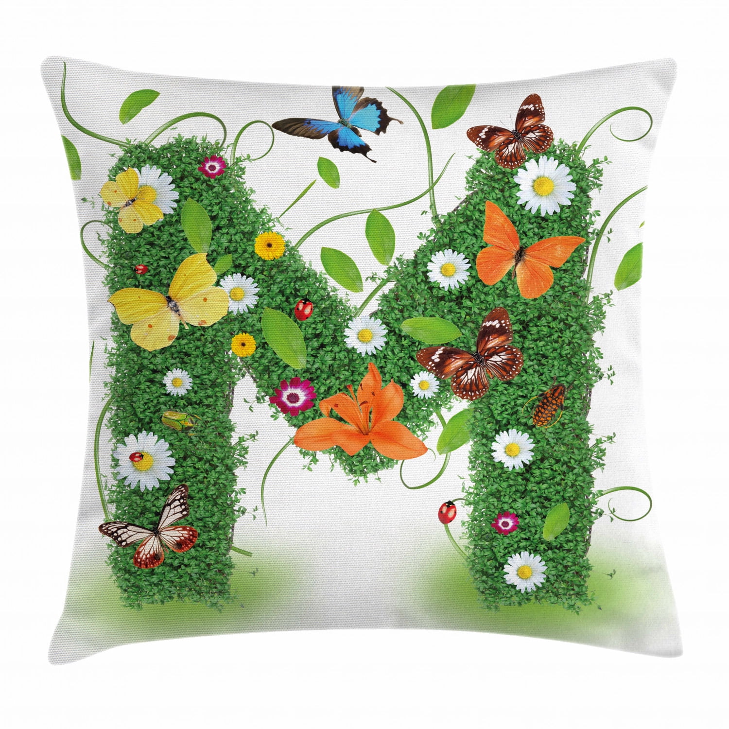 Letter M Throw Pillow Cushion Cover, Wildflowers with Butterflies of