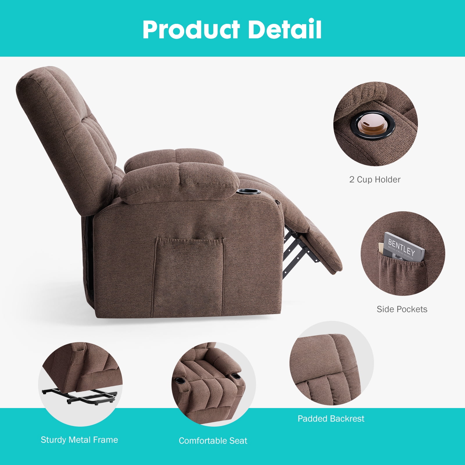 GIANNA Recliner Chair with Vibrating Massage and Heating, Adjustable Electric Power Lift Chair with Remote Control, For Living Room, Brown