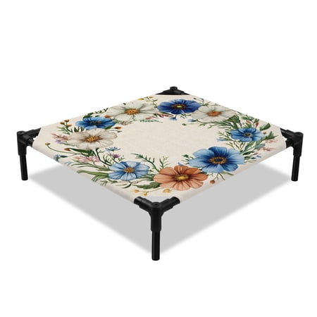 Spring Plant Elevated Dog Bed White Blue Circle Flower Linen Texture Cooling Breathable Outdoor Raised Dog Cot Bed with Metal Frame Non-Slip Feet for Small Dog 20x20in