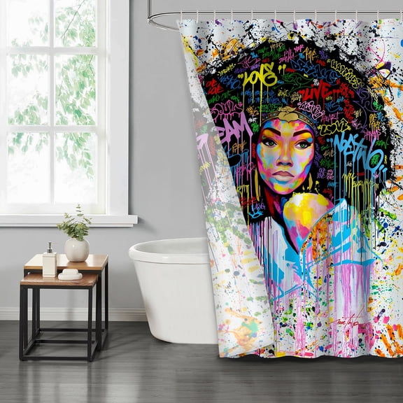 LVRLVR Black Girl Fabric Shower Curtain - Hippie Graffiti Modern Bathroom Decoration, Multicolor, 70.8" x 70.8"