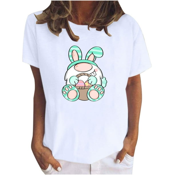 Camiseta de manga corta de verano de Pascua con cuello redondo suelto informal estampado para mujer Fridja bn1378