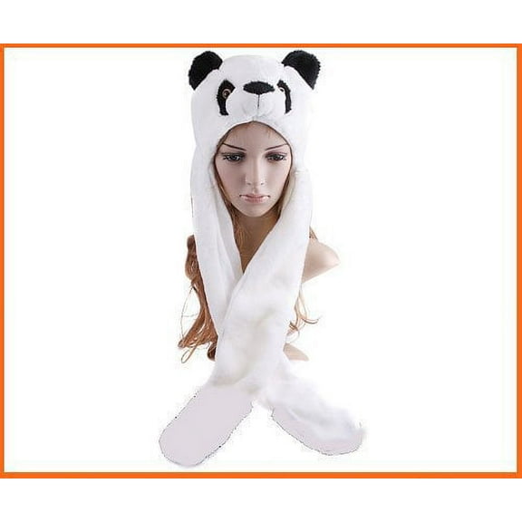 Panda Hat with Long Mittens Plushy Animal Cap , Fits adults and kids, one size fits most.