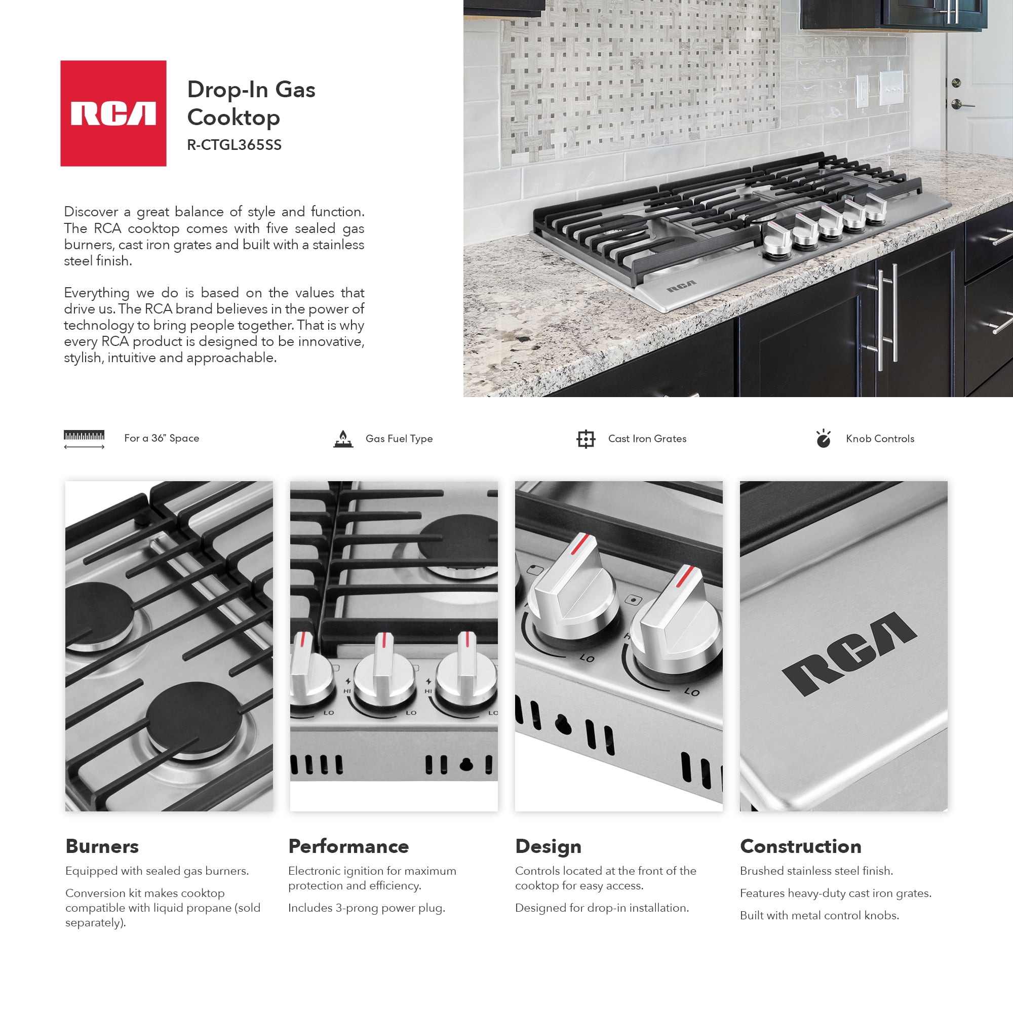 RCA 36 in. Legacy Collection Drop-In Gas Cooktop, 5 Burners, Cast Iron Grates, Metal Knobs in Stainless Steel