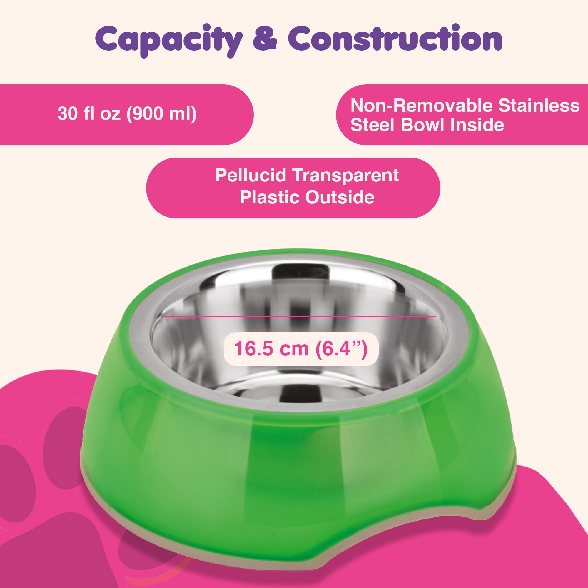 Happinesque 1Pc Stainless Steel Dog & Cat Bowl with Pellucid Plastic, Anti Skid, Non Tip, 4 Cups (Green)