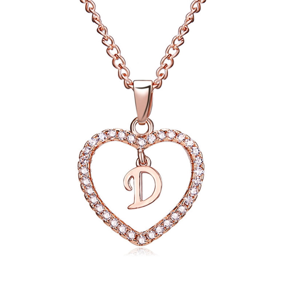 26 Letters W Heart Shape Pendant Necklace Rhinestone Rose Golden ...