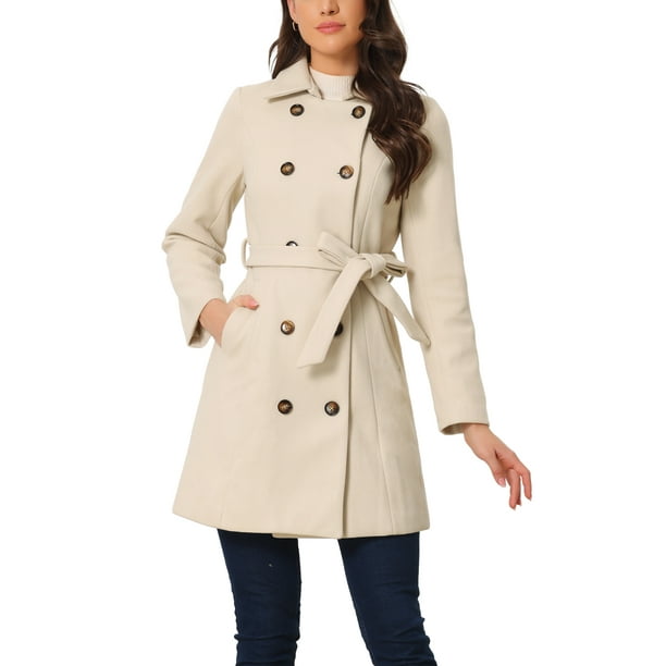 Abrigo de guisante CHIC Inspire para mujer con cuello Peter Pan, doble botonadura, bolsillos inclinados, abotonado y cinturón, abrigo de invierno M blanco crema