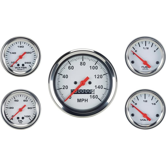 5-Gauge Set Complete Kit: 3-3/8" Mechanical Speedometer, 2-1/16" Component Gauges with White Face, Red Pointer & Chrome Bezel, Includes Tubing, Adapters, Fuel Level Sender