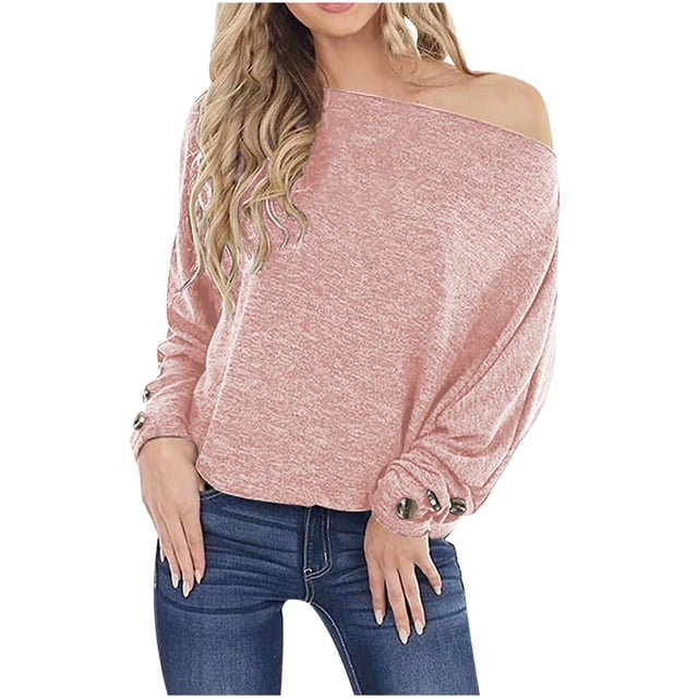 Women's Off-Shoulder One-Word Neck Button Pullover, Solid Color Loose Fit T-Shirt Blouse, Casual and Comfortable, Perfect for Summer, Fashionable and Versatile Daily Wear Top, Relaxed and Stylish