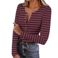 thumbnail image 2 of ClodeEU Womens Button V Neck Striped Tshirt ,Long Sleeve Slim Fit T Shirts Casual Trendy Tops Wine,Womens Plus M, 2 of 8