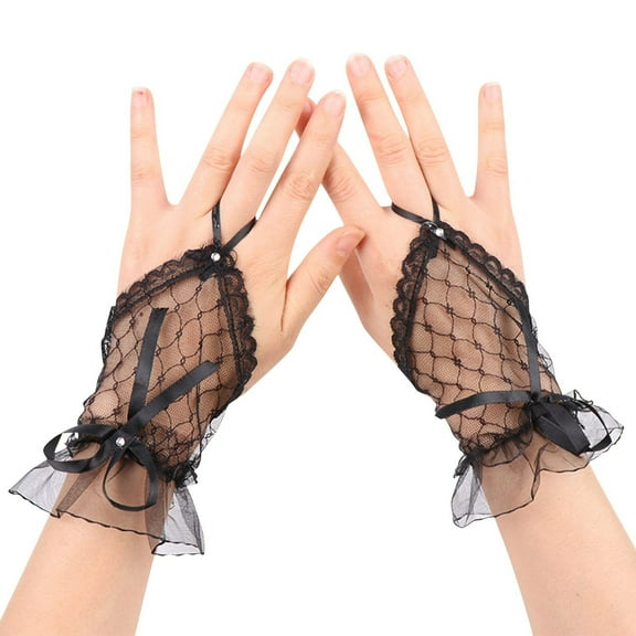 Censtreet Short Lace Mesh Gloves Tulle Border with Pearls Wedding Opera Tea Party Gloves for Women Formal