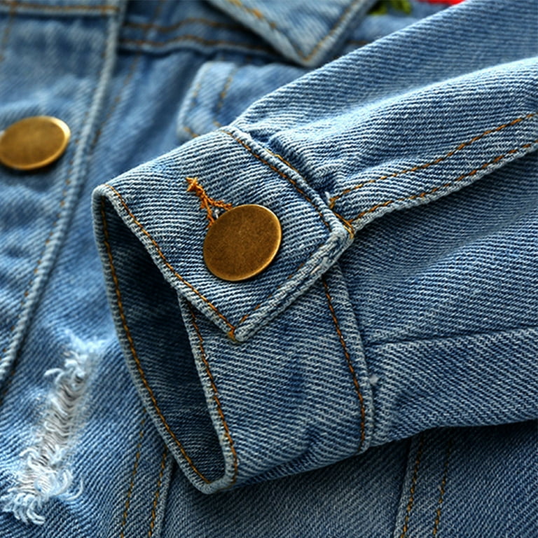 Toddler Kids Baby Boys Girls Denim Jacket Rose Flower Ripped Distressed Jacket Long Sleeve Button Down Jeans Coat Cowboy Overcoat Outwear with Pockets