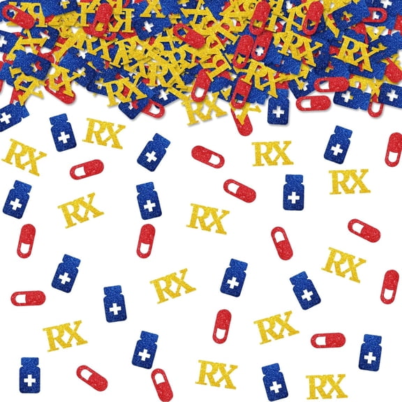 100pcs Pharmacist Confetti, Red Glitter RX Graduation Table Confetti, Doctor of Pharmacy Paper Cut Outs for Medical School Graduation Party Table Decoration