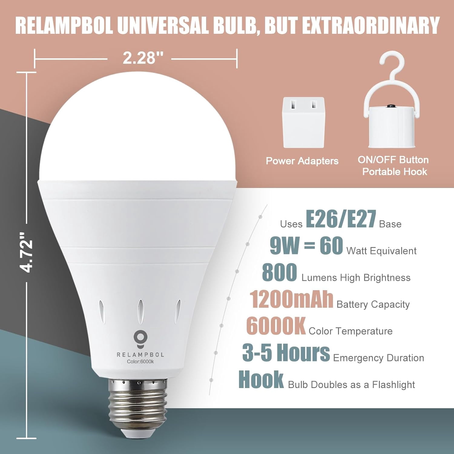 4 Pack Rechargeable Light Bulb Emergency Battery Operated Light Bulbs LED 6000K 9W 800Lumens E26 120V 1200mAh Power Outage Hurricane Reading Lighting Camping