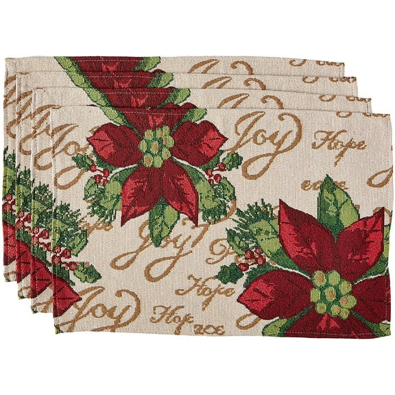Violet Linen Decorative Christmas Poinsettias Script Design Tapestry 13" X 19" Placemats - Set of 4