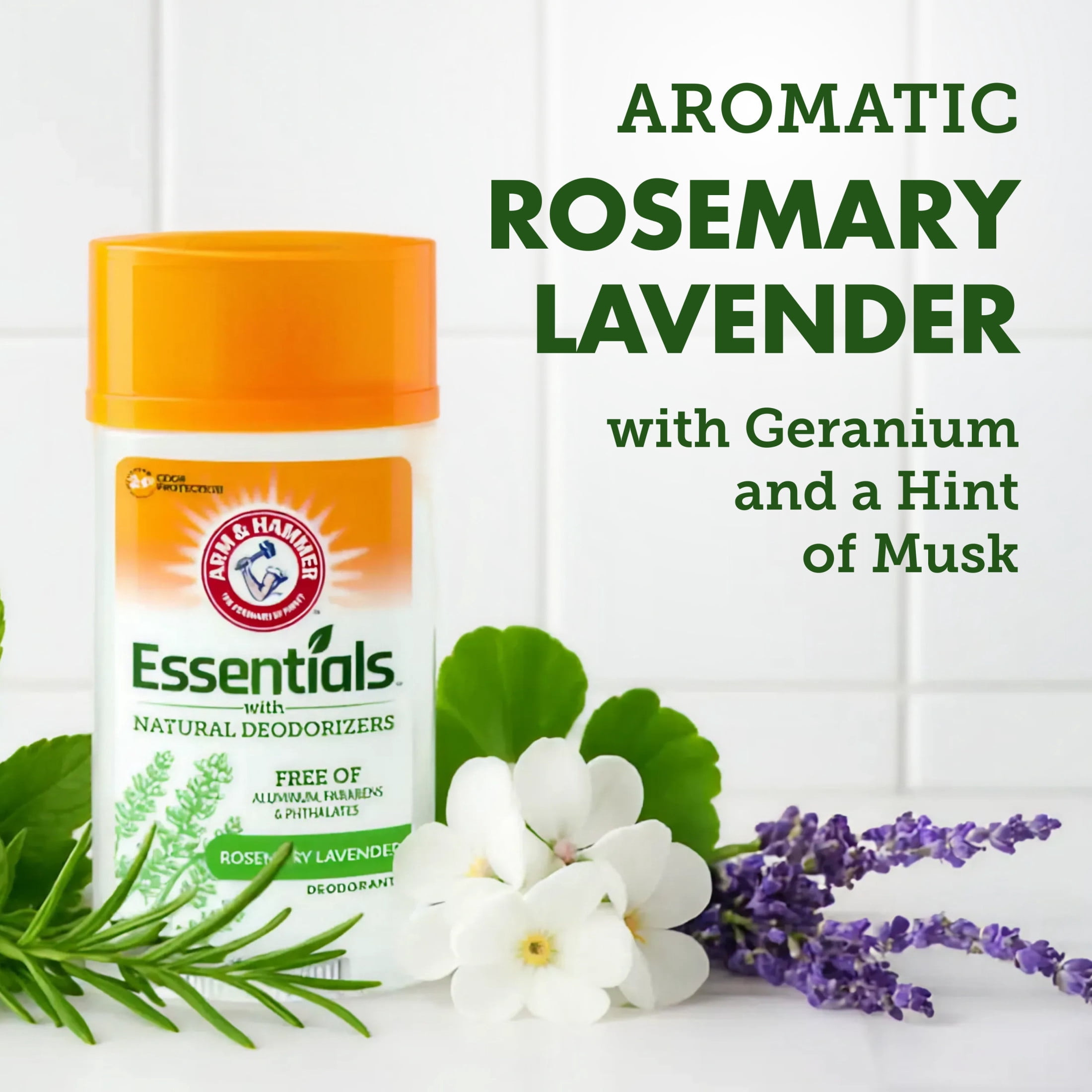 ARM & HAMMER Essentials Deodorant, Fresh Rosemary Lavender, with Natural Deodorizers, 2.5 oz, 2 Ct